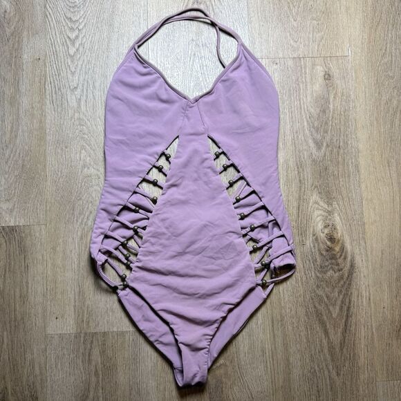 MARA HOFFMAN Lattice Maillot Braided Bead Cutout Pink Swimsuit One-Piece Small - Picture 3 of 11